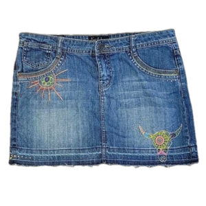 Hand Embroidered Earl Jean Denim Mini Skirt Size 9 Juniors EUC